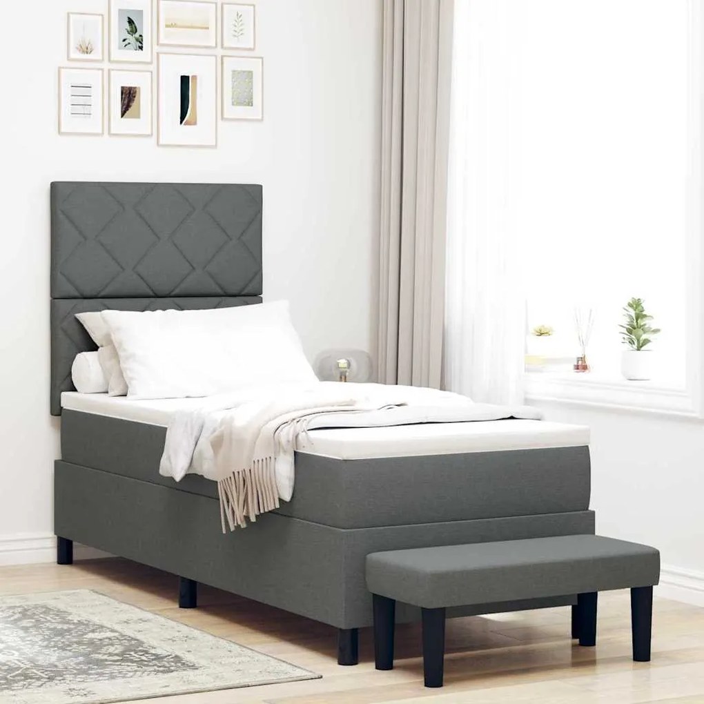 Cama Box Spring com Colchão e Banco Cinza Escuro 80x200 cm Tecido