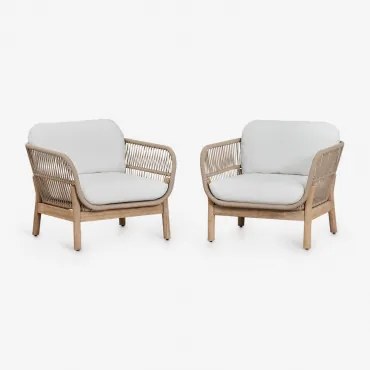Pack De 2 Poltronas Em Madeira De Acácia E Corda Trançada Karvia Marrom Acácia Claro & Tecido Branco - Sklum