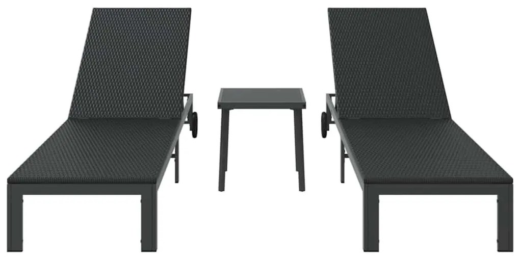 Espreguiçadeiras 2 pcs com Rodas e Mesa em Rattan Preto