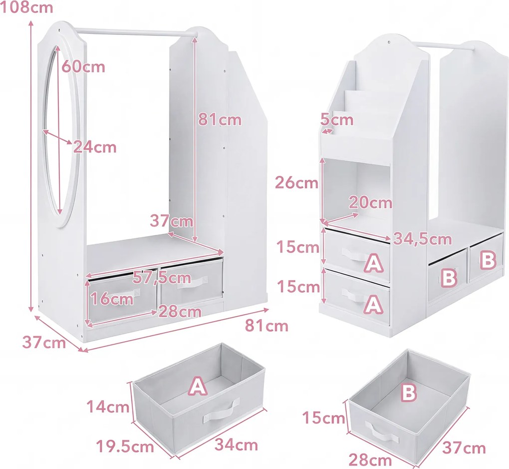 Armário Infantil com Espelho, 81 x 37 x 108 cm, Arrumação Multifuncional, Branco
