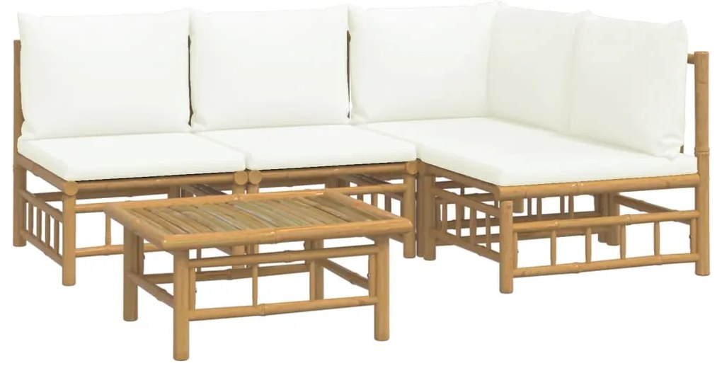 5 pcs conjunto lounge de jardim bambu c/ almofadões branco nata