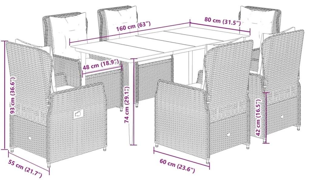 7 pcs conj. jantar p/ jardim c/ almofadões vime PE cinza-claro
