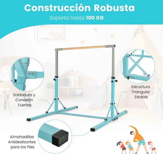 Barra de ginástica infantil dobrável com 13 alturas ajustáveis Estrutura triangular para ginásio em casa Carga 100 kg Azul Claro