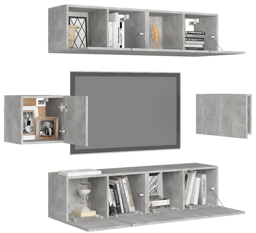 6 pcs conjunto de móveis de TV derivados madeira cinza cimento