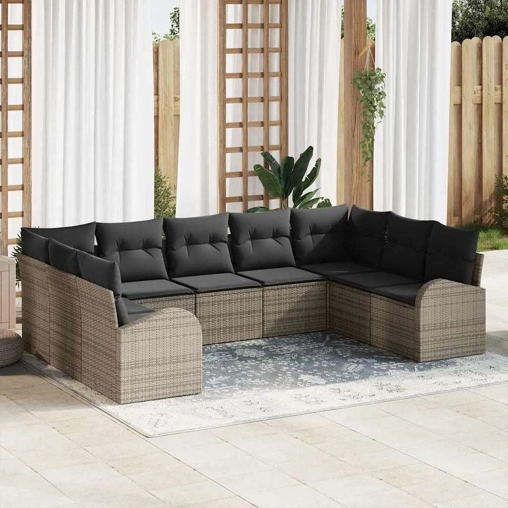 Conjunto de Sofás de Jardim vidaXL 9 Peças com Almofadas Cinzas em Rat