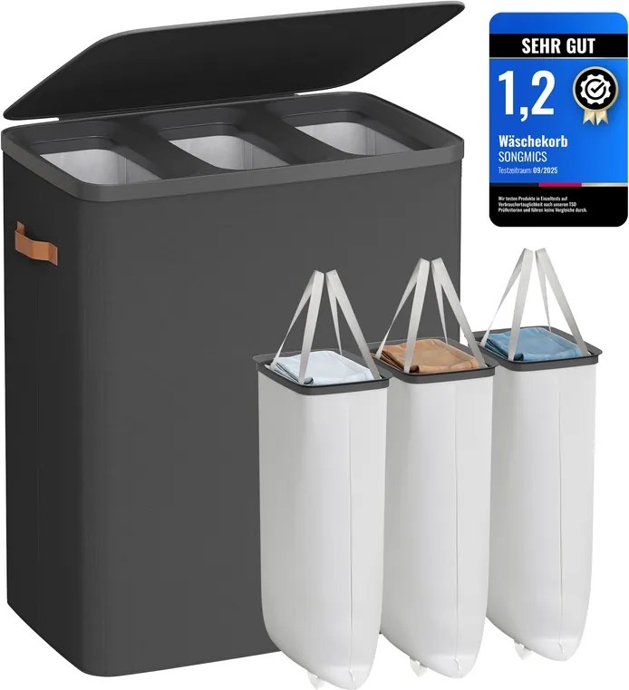 Cesto para roupa suja com 3 compartimentos, 190 l, 64 x 40 x 75 cm Preto