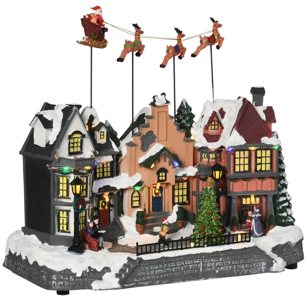 HOMCOM Aldeia de Natal Cena de Decoração Natalícia Iluminada com Luzes LED Árvore de Natal Pai Natal e Renos Decoração de Natal de Mesa 38,5x20,5x33cm Multicor