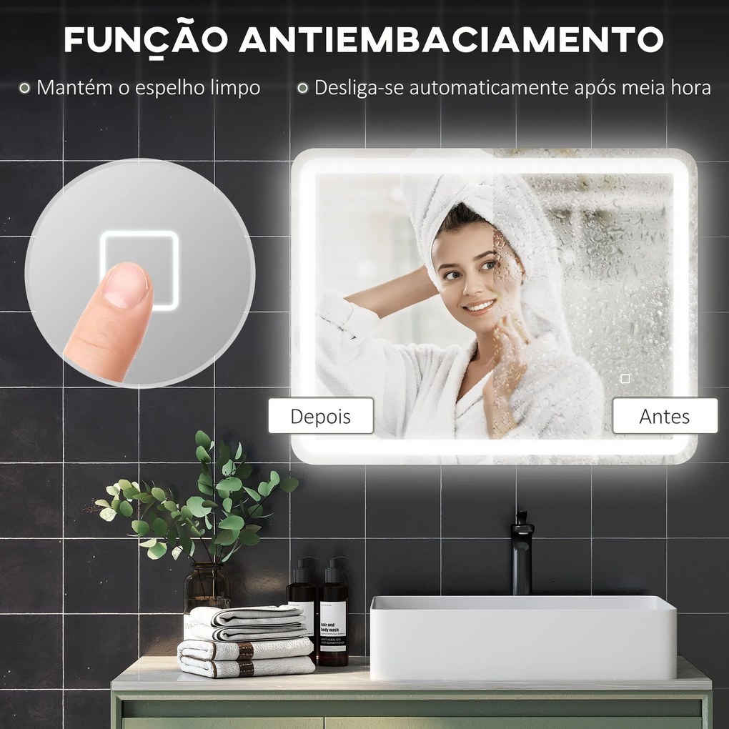 Espelho Casa de Banho com Luzes LED 70x90 cm Função Antiembaciamento 3 Temperaturas de Cor Ajustável e Função de Memória Prata