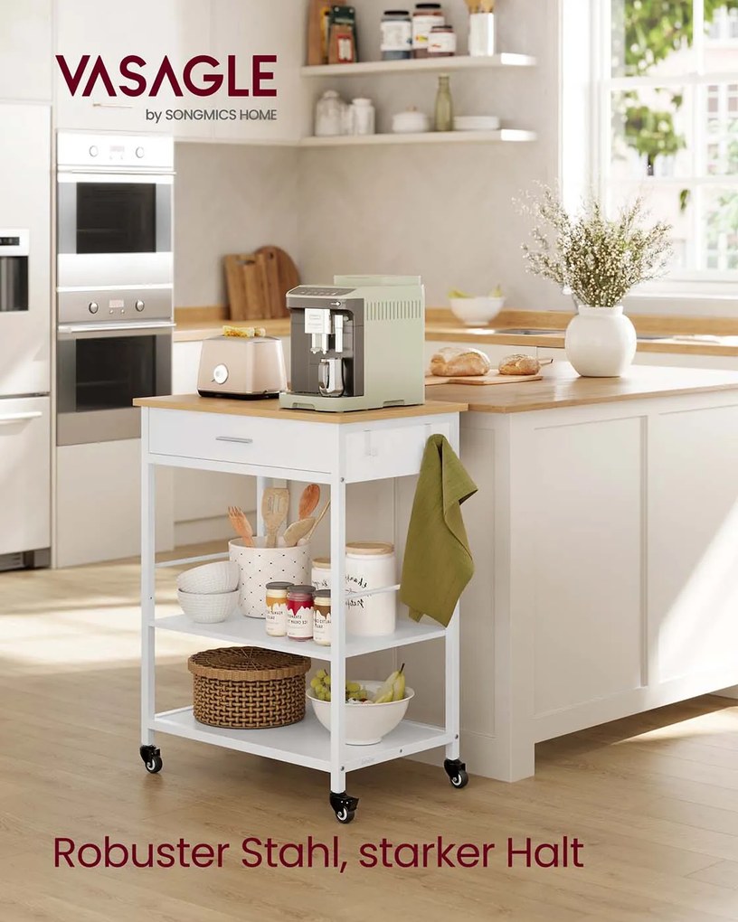 Carrinho de cozinha com rodas 47 x 60 x 90 cm, muito espaço de arrumação, gaveta, ganchos bege carvalho-branco mate