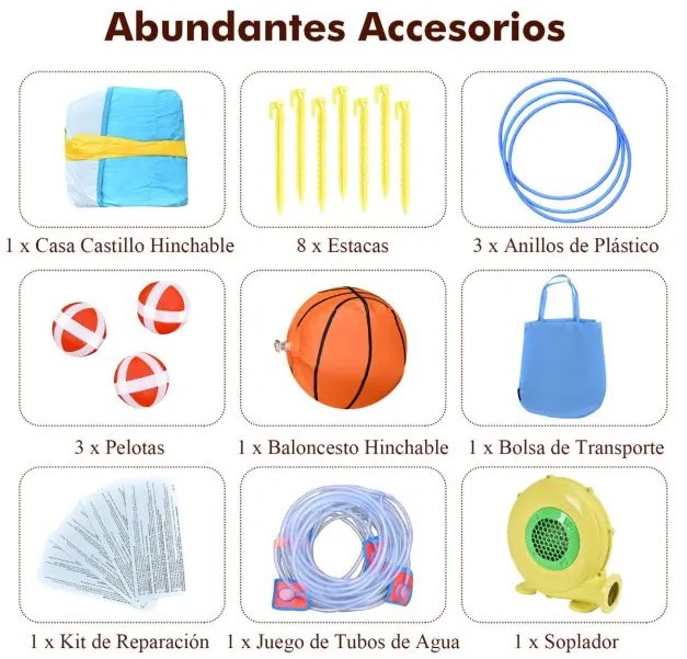 Parque aquático insuflável com soprador, escorrega, cesto de basquetebol, lançamento de anéis e parede de escalada 503 x 290 x 216 cm Multicolorido