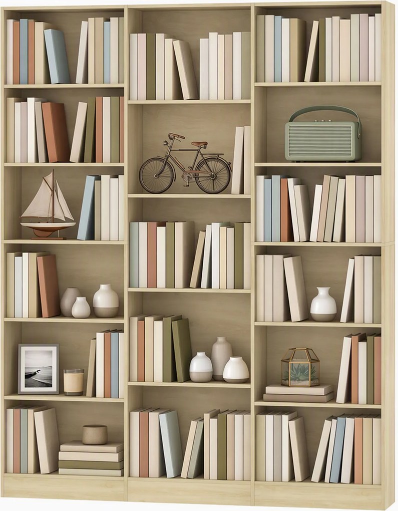 Biblioteca de 6 Níveis, 149 x 23,6 x 188 cm, 17 Compartimentos, Carvalho