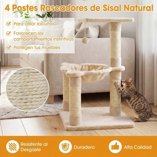 Arranhador para gatos 40 x 40 x 64 cm com rede, postes revestidos a sisal e bola de brincar bege