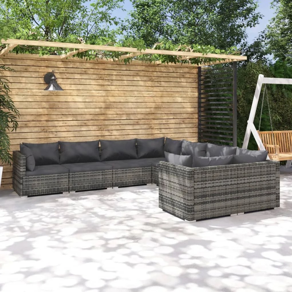 vidaXL 8 pcs conjunto lounge de jardim c/ almofadões vime PE cinzento