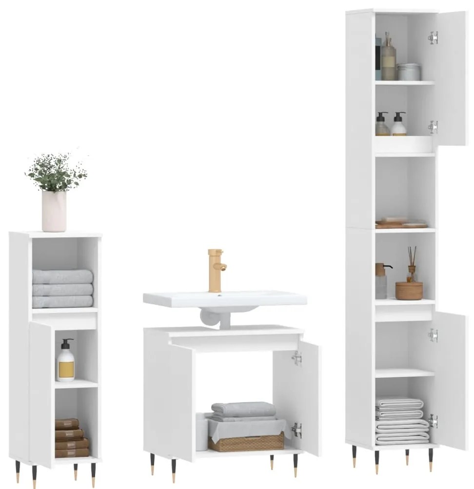 3 pcs conjunto móveis casa de banho madeira processada branco