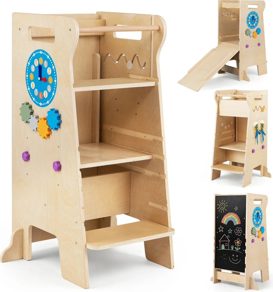 (REVISÃO) Torre de Aprendizagem Infantil Montessori 4 em 1, 57 x 52 x 90 cm, Altura Ajustável, Natural