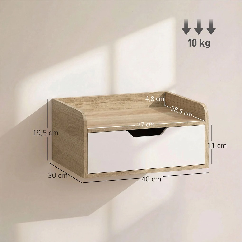 Conjunto de 2 mesas de cabeceira de parede 40 (L) x 30 (P) x 19,5 (A) cm, com gaveta e tampo com rebordos elevados, 40 x 30 x 19,5 cm, cor madeira nat