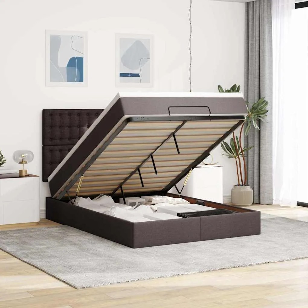 Estrutura cama otomana colchão 140x200cm tecido castanho escuro