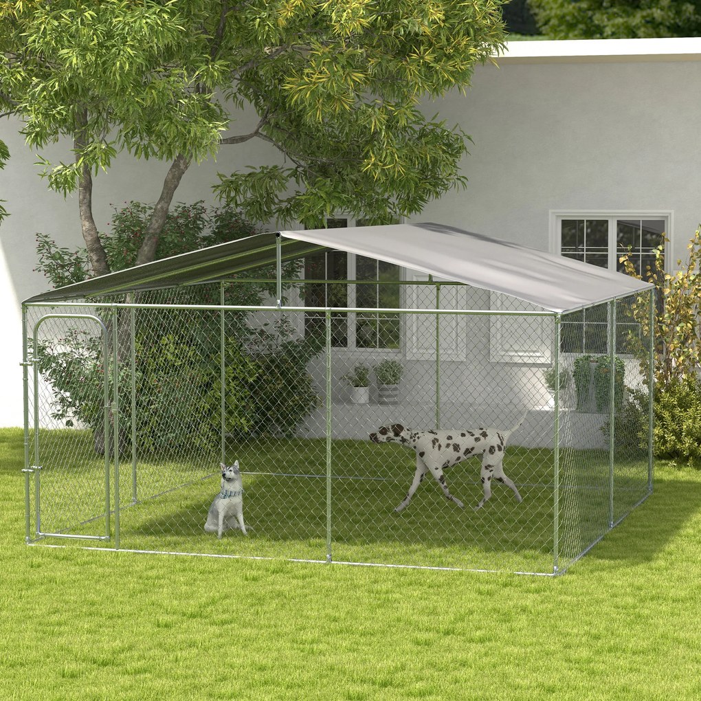 Canil de Exterior 4x4x2,3 cm com Toldo Anti-UV Recinto para Cães com Porta com Trava e Estrutura de Metal  Prata