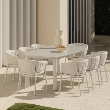 Conjunto De Mesa Retangular Extensível Em Cerâmica Zinti 220-280x100 Cm E 8 Cadeiras De Jardim Em Alumínio E Tecido Roderise Bouclé Cores - Sklum