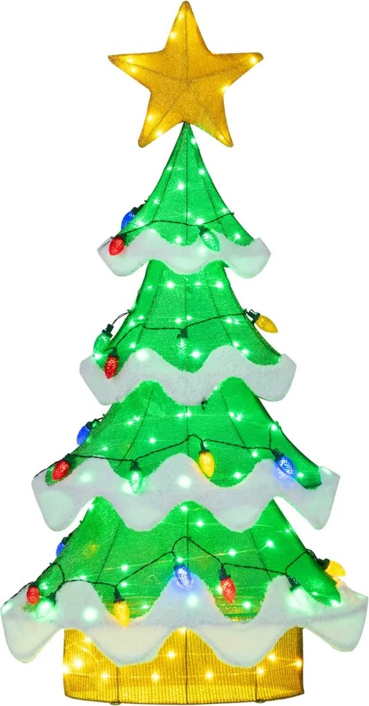Árvore de Natal Iluminada 130 cm em Malha 3D Exterior Interior de Morango Luzes LED Verdes e Amarelas Moldura Metálica Verde