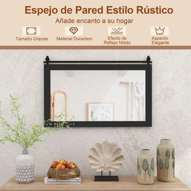 Espelho de parede estilo rústico 100 x 66 cm, retangular, com porta tipo celeiro, moldura em madeira maciça e suporte metálico, para quarto ou entrada