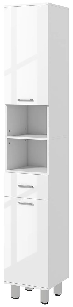 Coluna Casa de Banho Moderna com 1 Gaveta 3 Prateleiras Ajustáveis e 2 Armários Móvel Auxiliar 30x30x180 cm Branco