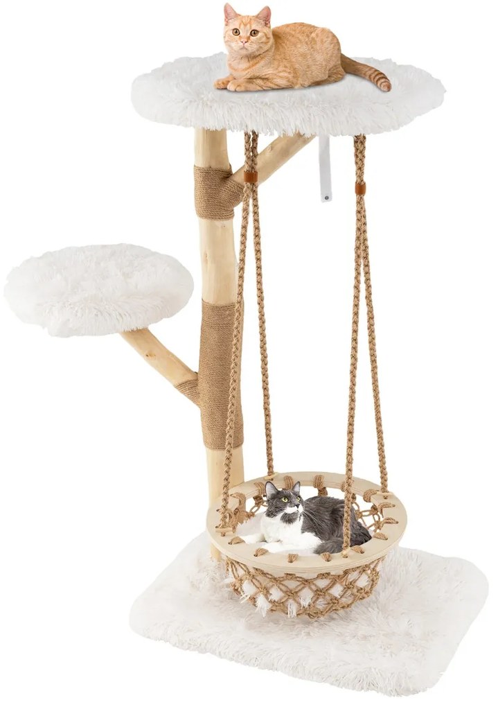Arranhador para gatos 70 x 50 x 123 cm com rede suspensa, galhos de madeira, postes para arranhar em juta e 2 ganchos Natural + Branco