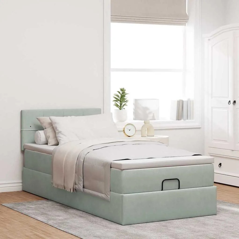 Estrutura cama otomana colchão 80x200 cm veludo cinzento claro