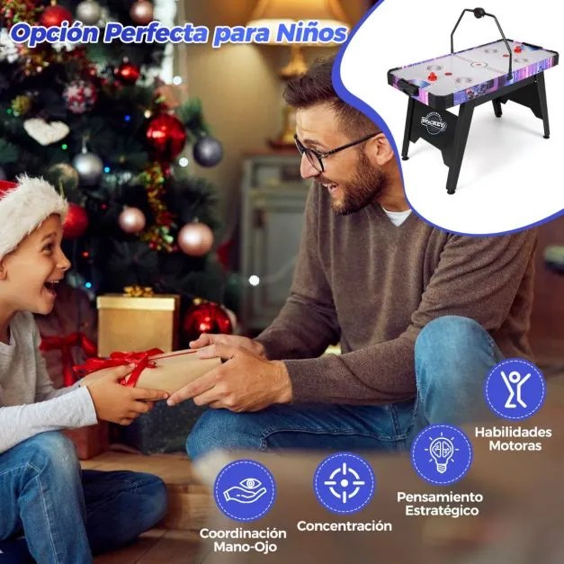 Mesa de Air hóquei Crianças com marcador digital LED Motor potente de 12 V e 2 discos e 2 empurradores 144 x 68 x 81 cm Branco