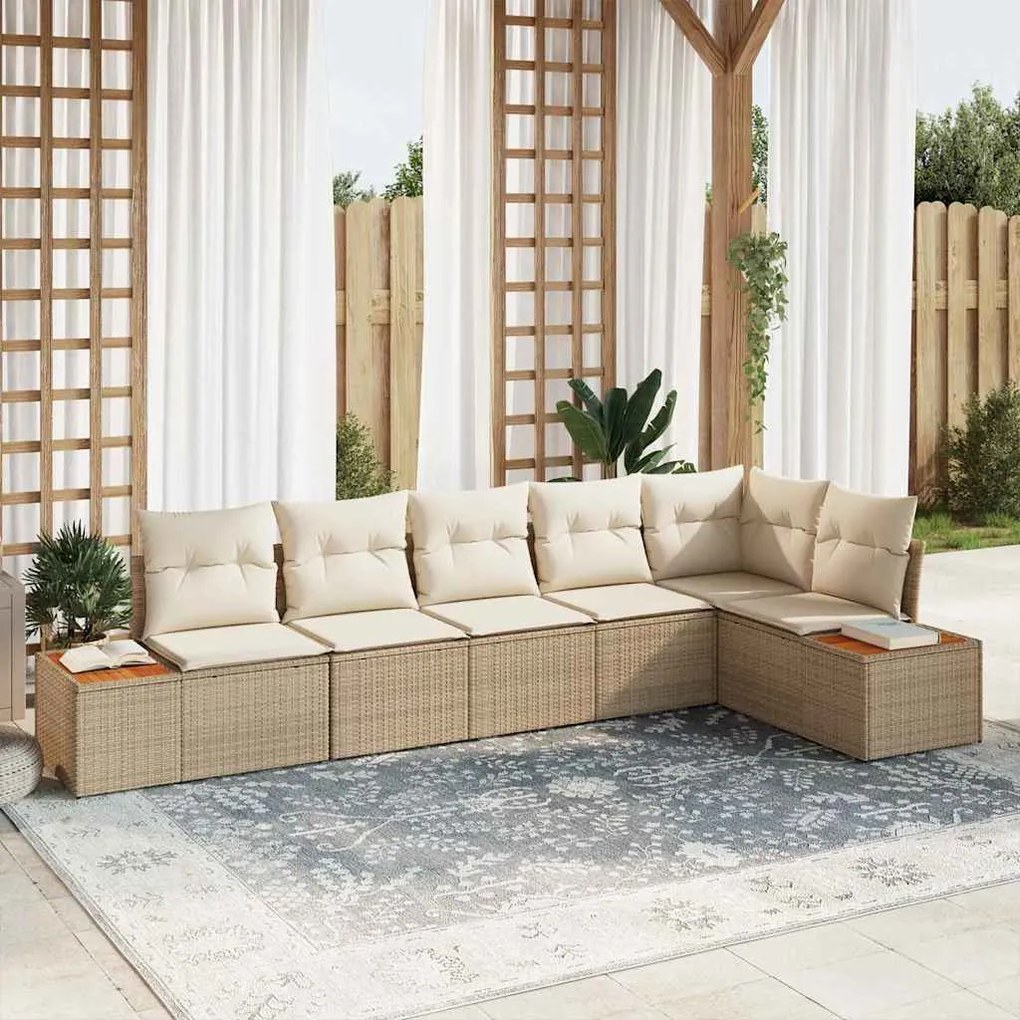 vidaXL Conjunto de Sofá de Jardim 6 Peças com Almofadas Bege em Rattan Sintético e Acácia