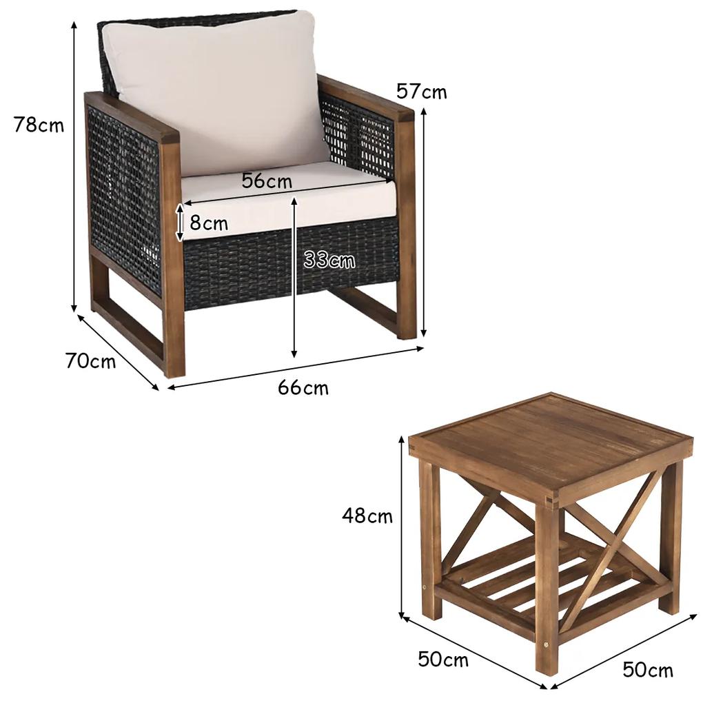 Conjunto de mobiliário de jardim 3 peças 2 sofás de rattan PE com mesa de café com almofadas laváveis para jardim, piscina, alpendre