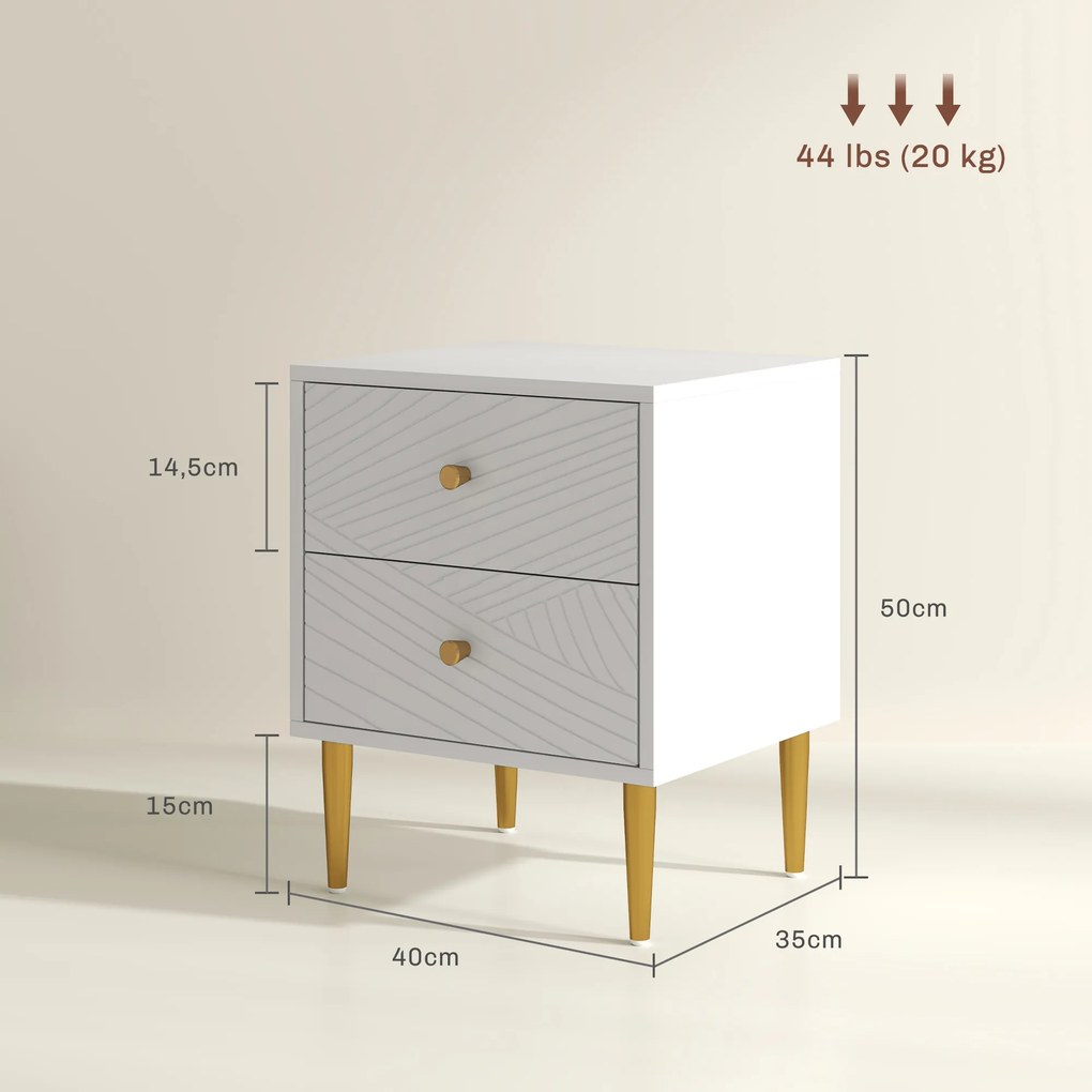 Mesa de cabeceira com 2 gavetas com puxadores, pés em aço, para quarto ou sala de estar, 40 x 35 x 50 cm, branca