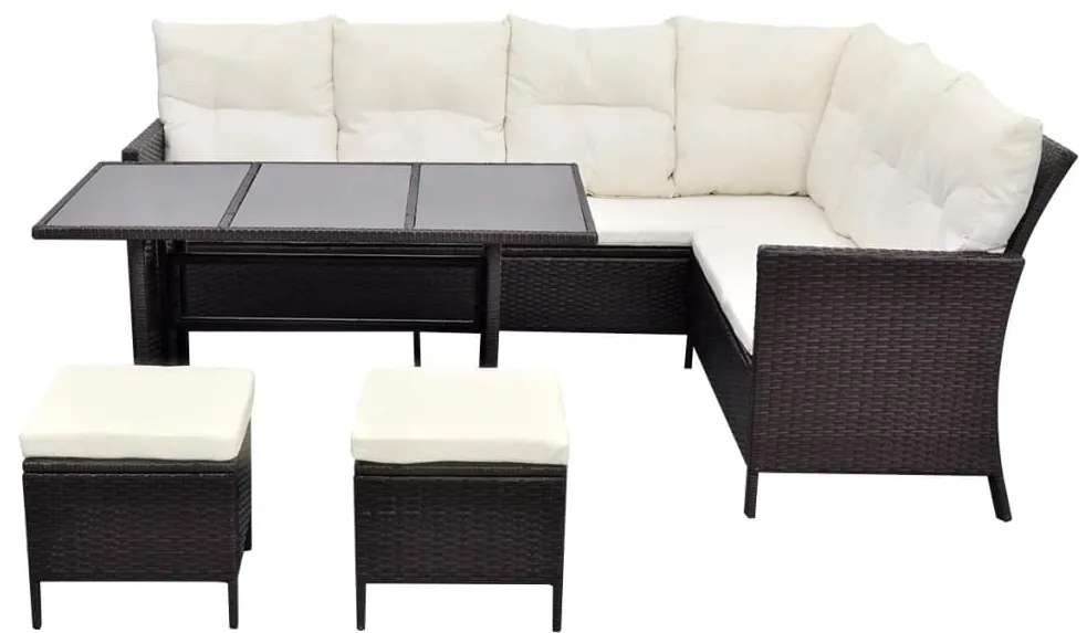 4 pcs conjunto lounge jardim c/ almofadões vime PE castanho