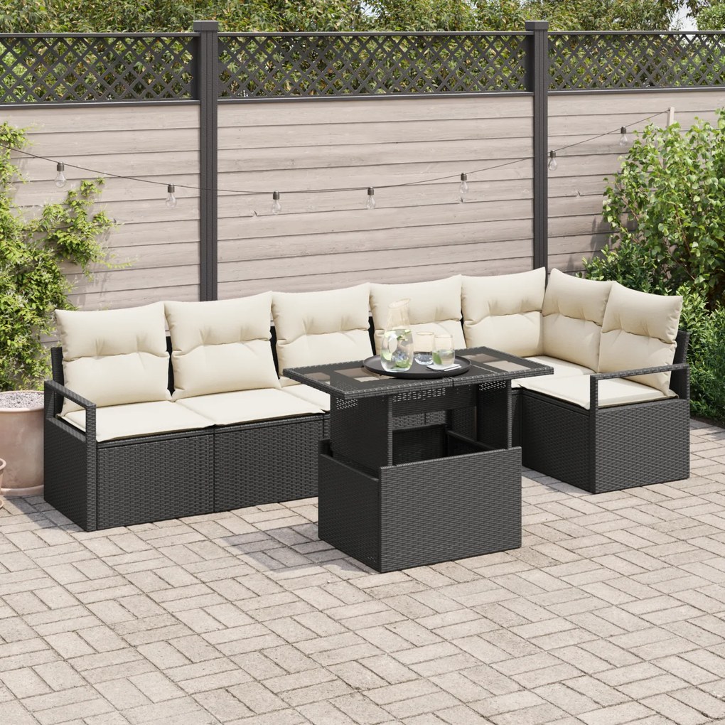 Conjunto de Sofá de Jardim de 7 Peças com Almofadas Preto Rattan Sinté