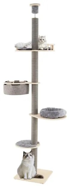 Arranhador para gatos do chão ao teto com altura ajustável de 236-271 cm com plataformas, almofadas, rede e poste para arranhar cinza.