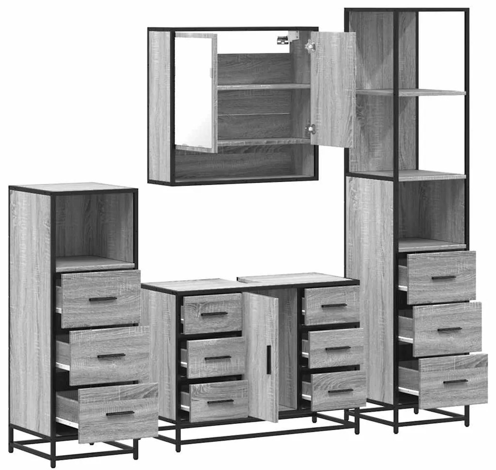 4 pcs Conjunto móveis casa de banho madeira proc. cinza sonoma