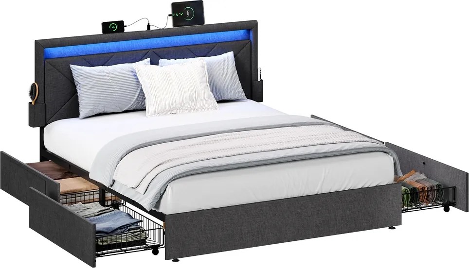 Estrutura de cama, 180 x 200 cm (COLCHÃO NÃO INCLUIDO), com iluminação Led Cinza