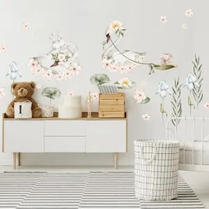 Autocolantes de parede - Cisnes com flores