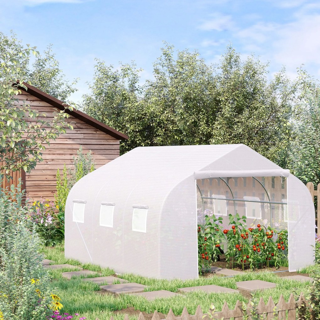 Estufa Tipo Túnel 350x300x200 cm com Porta Enrolável 6 Janelas Estufa para Cultivo de Plantas Verduras Branco