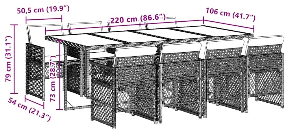 9 pcs conjunto de jantar p/ jardim com almofadões vime PE bege