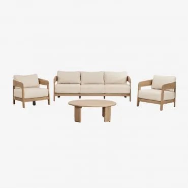 Conjunto De Sala Com Sofá De 3 Lugares, 2 Poltronas E Mesa De Centro Em Madeira De Acácia Uleno Marrom Acácia Claro - Sklum