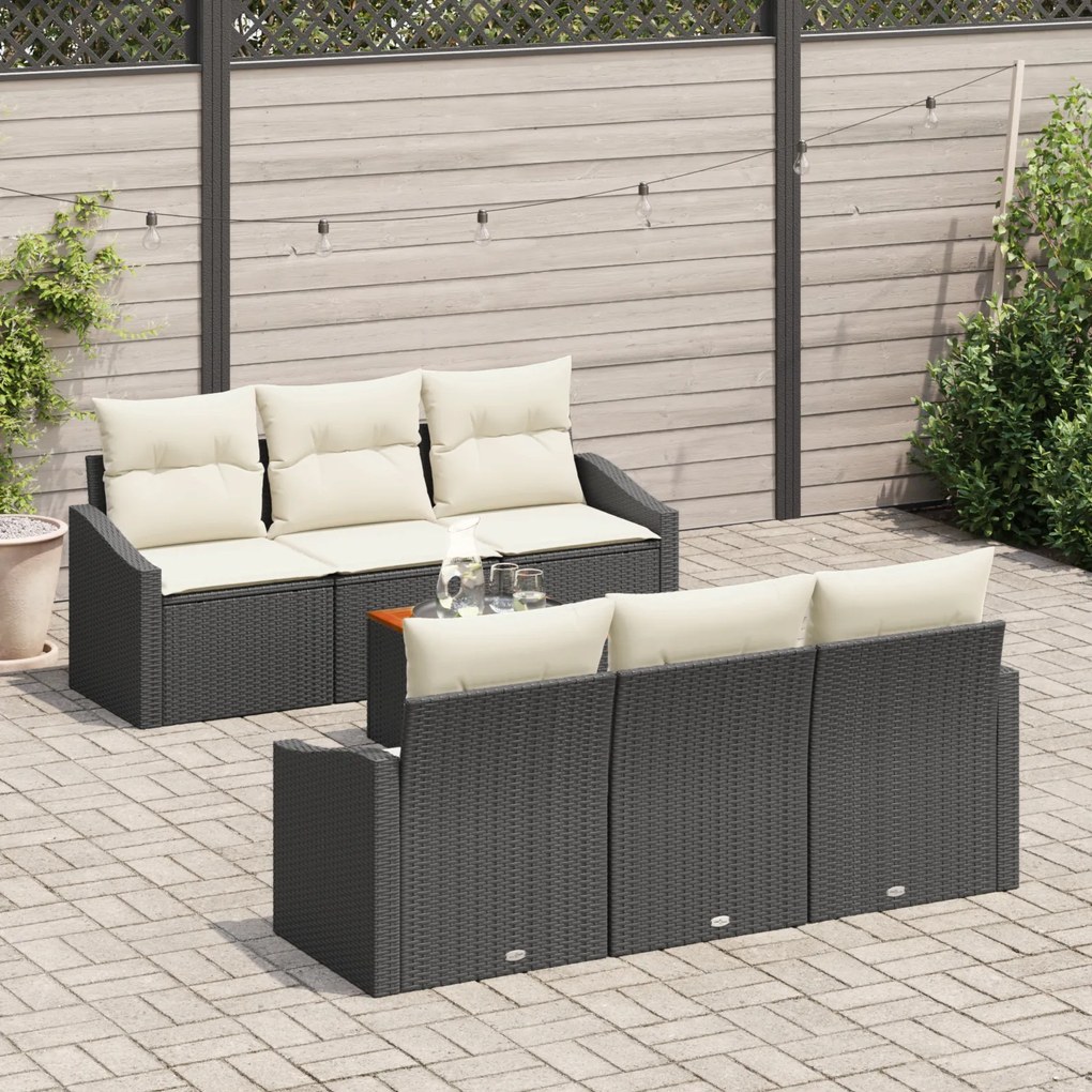 Conjunto de Sofá de Jardim de 7 Peças com Almofadas Preto Rattan de Po