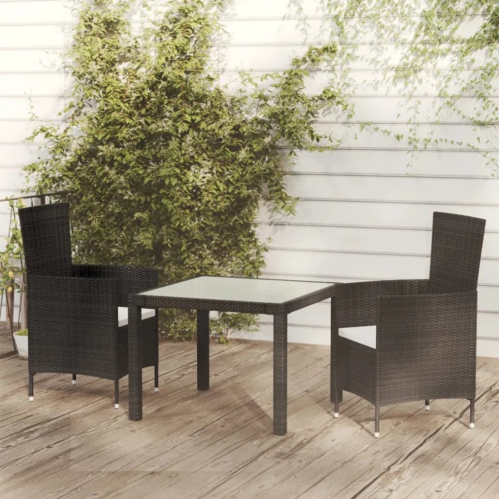 vidaXL 3 pcs conjunto jantar exterior com almofadões vime PE preto