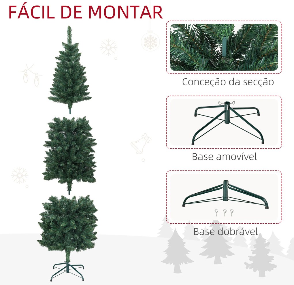 Árvore de Natal Tipo Lápis 180 cm com Base Dobrável e 479 Ramos para Escritório Verde