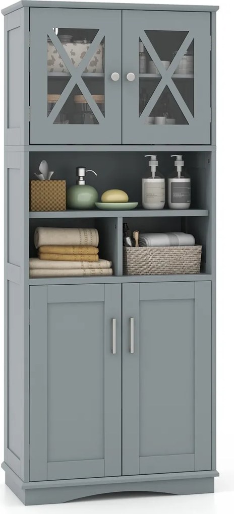 Armário multifuncional de casa de banho ou cozinha 60 x 30 x 145 cm com portas e 3 cubos e com estantes ajustáveis Cinzento