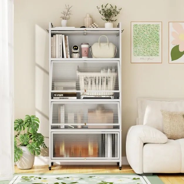 Armário de cozinha 80,5 x 40 x 162 cm de 5 níveis metálico com 4 portas batentes Prateleira com rodas para micro-ondas Branco