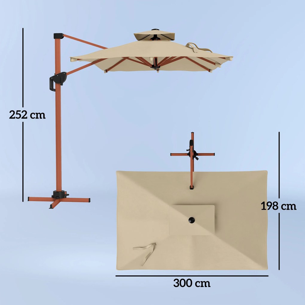 Chapéu de Sol Excêntrico 300x198x252 cm com Manivela Inclinação Ajustável Duplo Teto e Base Cruzada Giratória 360° Caqui