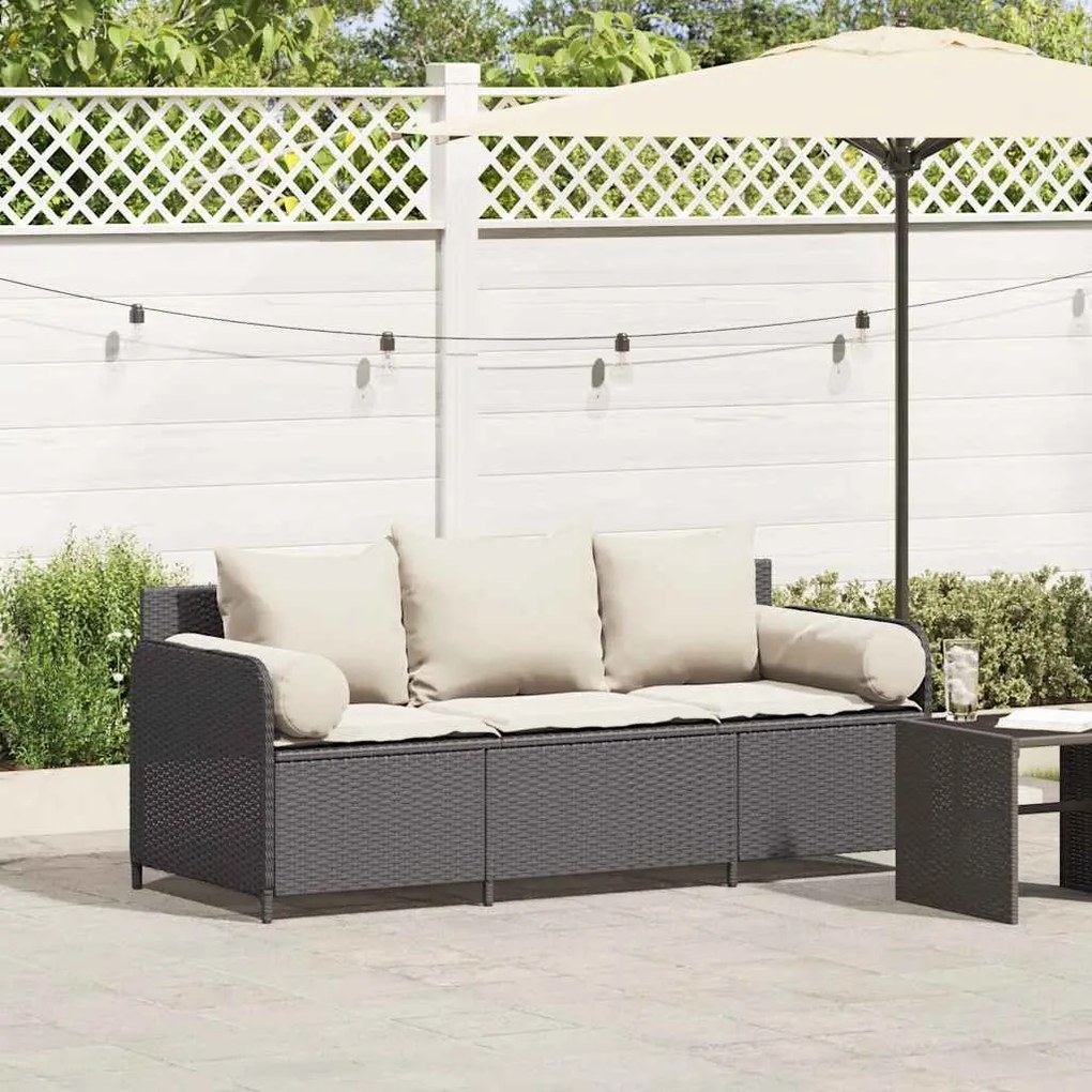 vidaXL Sofá de jardim 3 lugares com almofadões vime PE preto