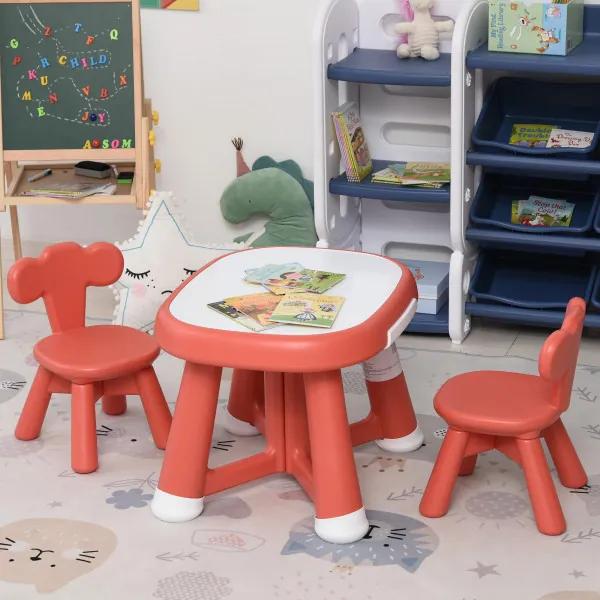 Conjunto de Mesa Infantil e 2 Cadeiras com Quadro Branco Multifuncional para Crianças acima de 12 Meses 64,4x52x45,6 cm Vermelh