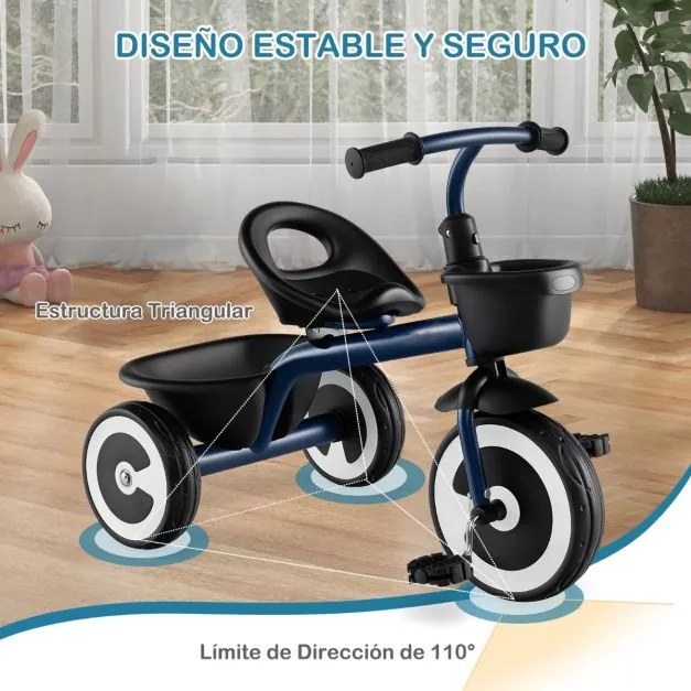 Triciclo infantil de 3 rodas com assento ajustável, cestos dianteiro e traseiro, estrutura em ferro, para 1,5 a 5 anos Azul